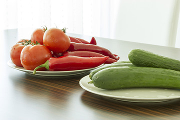 Image showing Tomato, cucumber, pepper on plate