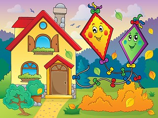 Image showing Autumn theme with kites and house