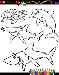 Image showing sea life animals cartoon coloring book