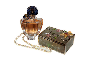 Image showing Perfume bottle, casket and a string of pearls