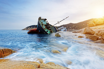 Image showing shipwreck and seascape sunset 