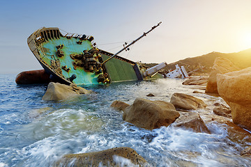 Image showing shipwreck and seascape sunset 