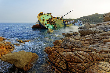 Image showing shipwreck and seascape sunset 