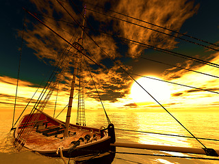 Image showing Old pirate frigate on stormy seas