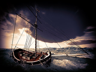 Image showing Old pirate frigate on stormy seas