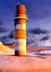 Image showing Beautiful lighthouse by the ocean at sunset