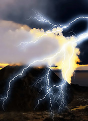 Image showing Volcanic eruption with huge  lightning