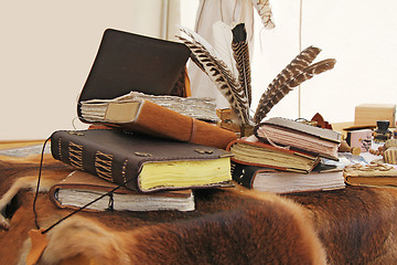 Image showing Old books and inkstand