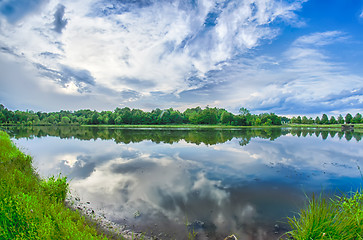 Image showing sun setting over a reflective lake