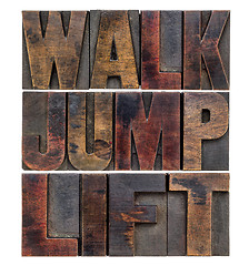 Image showing walk, jump, lift in wood type