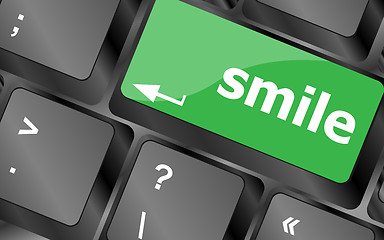 Image showing Computer keyboard with smile words on key - business concept