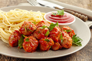 Image showing Meatballs with tomato sauce and spaghetti