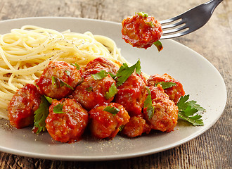 Image showing Meatballs with tomato sauce and spaghetti