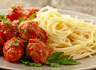 Image showing Meatballs with tomato sauce and spaghetti