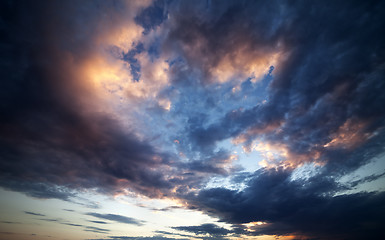 Image showing Dark clouds at sunset. Wide angle view.