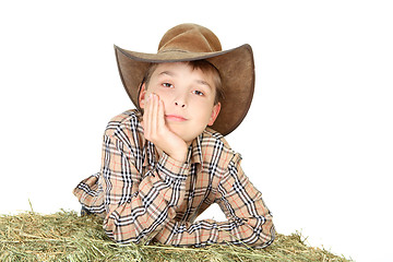 Image showing Farm boy leaning on lucerne bale