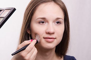 Image showing Makeup. Makeup artist applies powder on cheeks