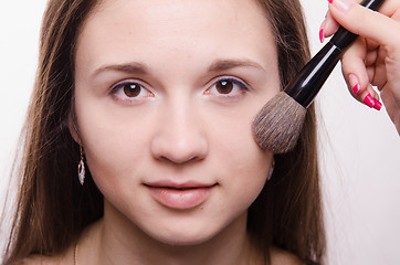 Image showing Makeup artist applies powder on cheeks model