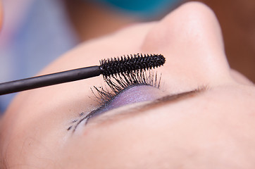 Image showing Makeup artist paints eyelashes girl