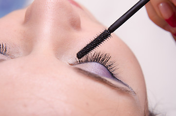 Image showing Makeup artist tints lashes mascara