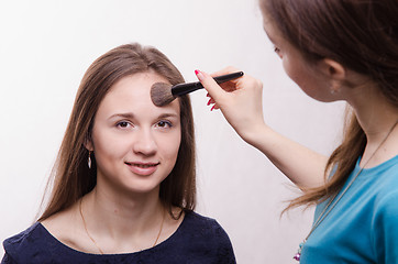 Image showing Makeup artist gets fluffy powder brush on forehead model