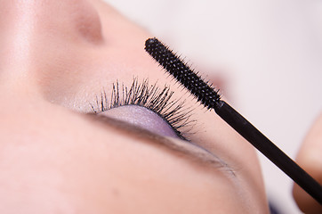 Image showing Close-up applying mascara on eyelashes