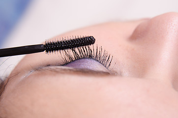 Image showing Makeup artist tints lashes mascara