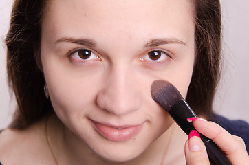 Image showing Makeup artist is shaded concealer brush on face model