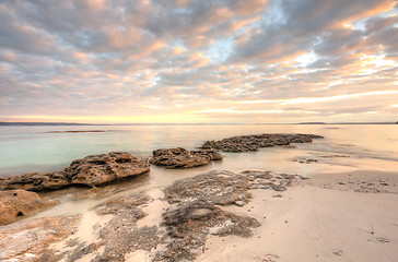 Image showing Pretty dappled sunrise sky in the morning at Scottish Rocks, Aus