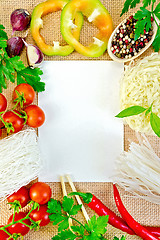 Image showing Frame of vegetables and funchozy with paper on sackcloth