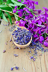Image showing Herbal tea from fireweed on wooden spoon