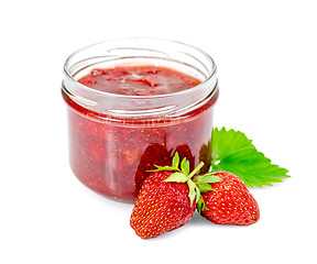 Image showing Jam of strawberry with berries and leaf