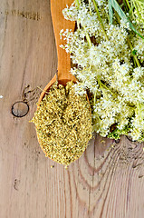 Image showing Herbal tea from meadowsweet in wooden spoon