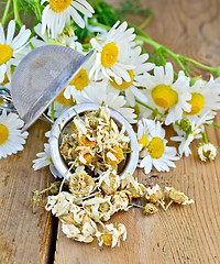 Image showing Herbal tea from chamomile dry in strainer on board