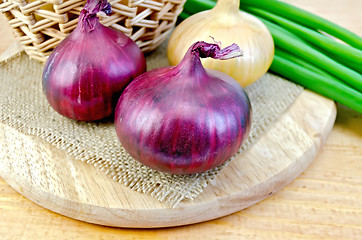 Image showing Onion yellow and purple on board