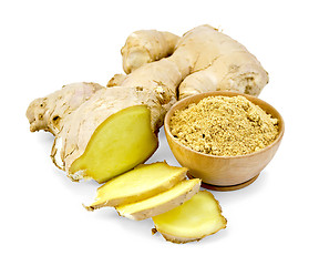 Image showing Ginger powder in wooden bowl with root