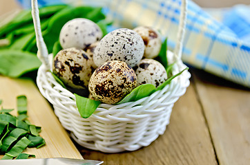 Image showing Eggs quail in basket with sorrel on board