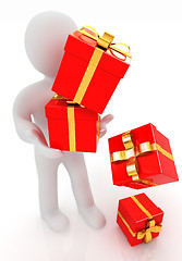 Image showing 3d man strawed red gifts with gold ribbon