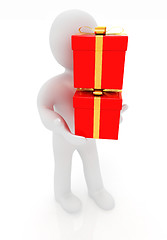 Image showing 3d man gives red gifts with gold ribbon