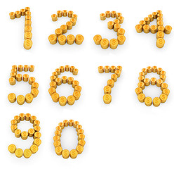 Image showing Set of the numbers 1,2,3,4,5,6,7,8,9,0 of gold coins with dollar