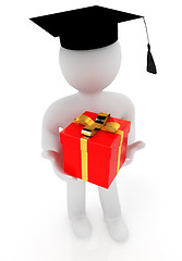Image showing 3d man in graduation hat with gift on a white background