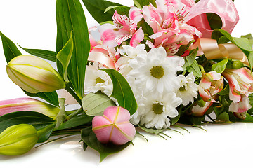 Image showing bouquet of pink lily flower on white