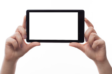 Image showing Woman hold tablet PC on white