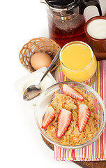 Image showing Breakfast including orange juice, muesli and fruits