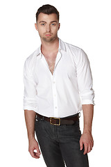 Image showing Male in white shirt posing over white background