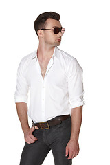 Image showing Young fashion male in white shirt and sunglasses