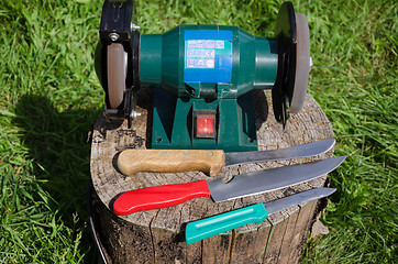 Image showing electric sharpening device knives on stump outdoor 