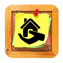 Image showing Home in Hand Icon. Sticker on Message Board.