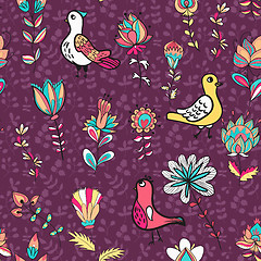 Image showing Seamless floral pattern with birds and flowers