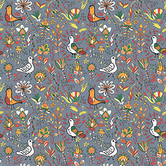 Image showing Seamless floral pattern with birds and flowers
